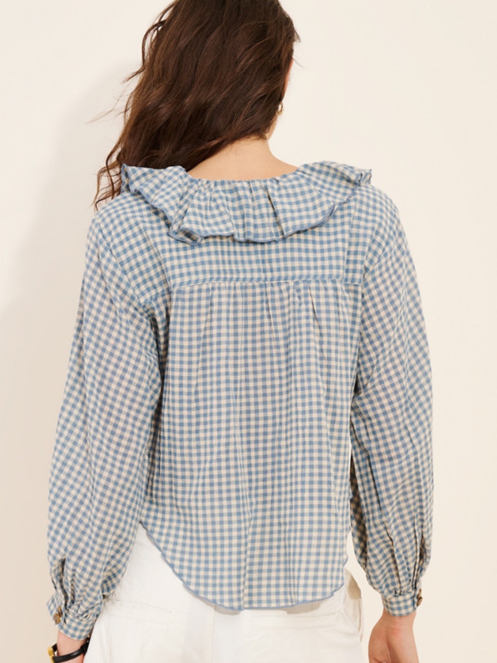NWOT Pilcro Blue Gingham Button-Front Ruffle Collar Top - Picture 3 of 11